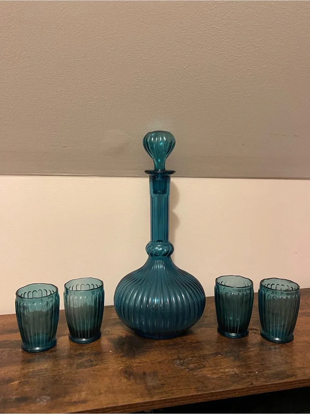 Vintage made in Italy Teal Ribbed Glass Decanter Set with Four Tumblers